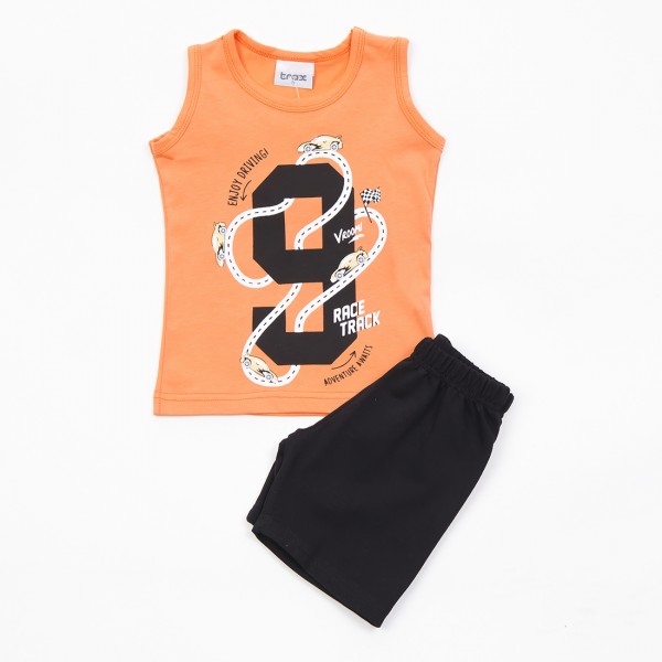 Σετ βερμούδα - αμάνικο μπλουζάκι με στάμπα, πορτοκαλί - μαύρο